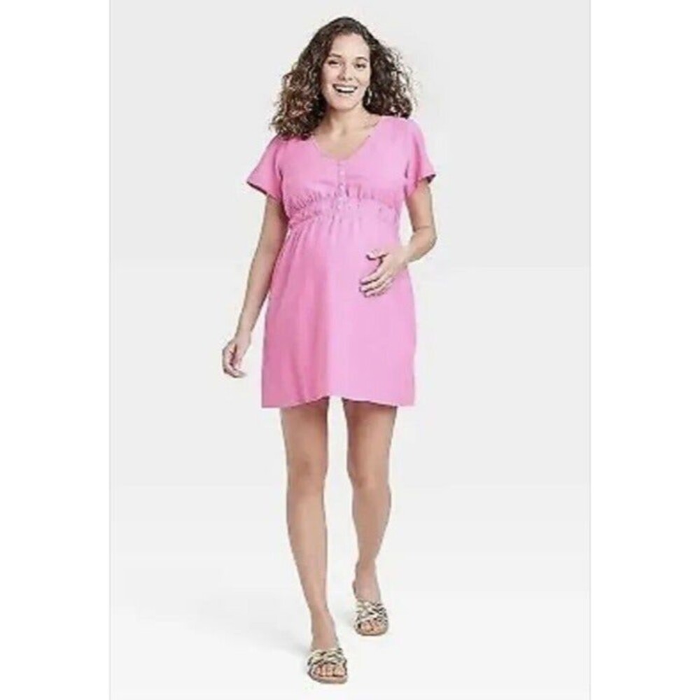 Women's Isabel Maternity Short Sleeve Woven Mini Maternity Dress Pink XS